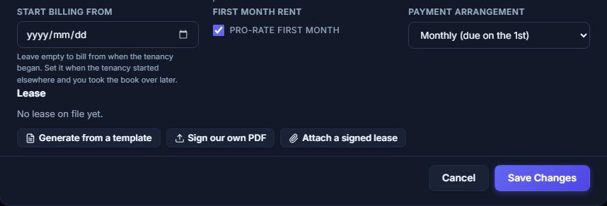 The three doors on a tenant: generate from a template, sign your own PDF, or attach a lease signed on paper.